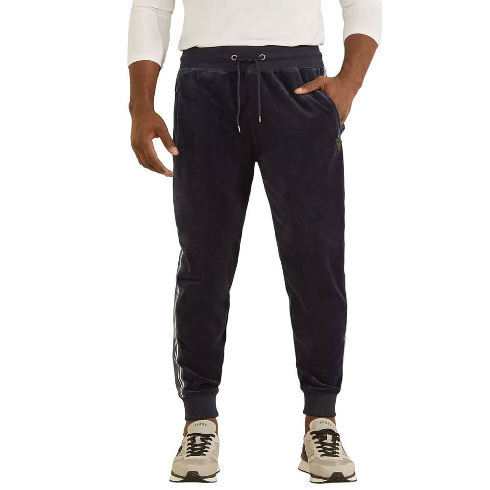 GUESS Men's Blue Striped Velvet Fulham Sports Pants, Pockets, XXL Tapared Ankles
